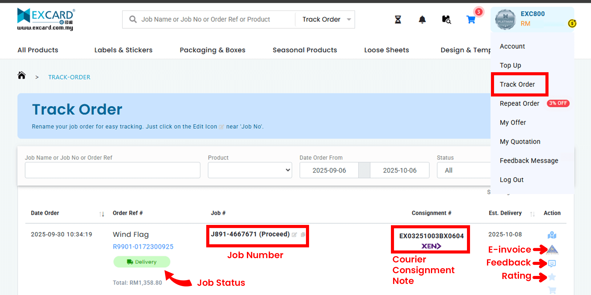 Track order page displaying job status, job number, consignment number, e-invoice, feedback form and rating options.