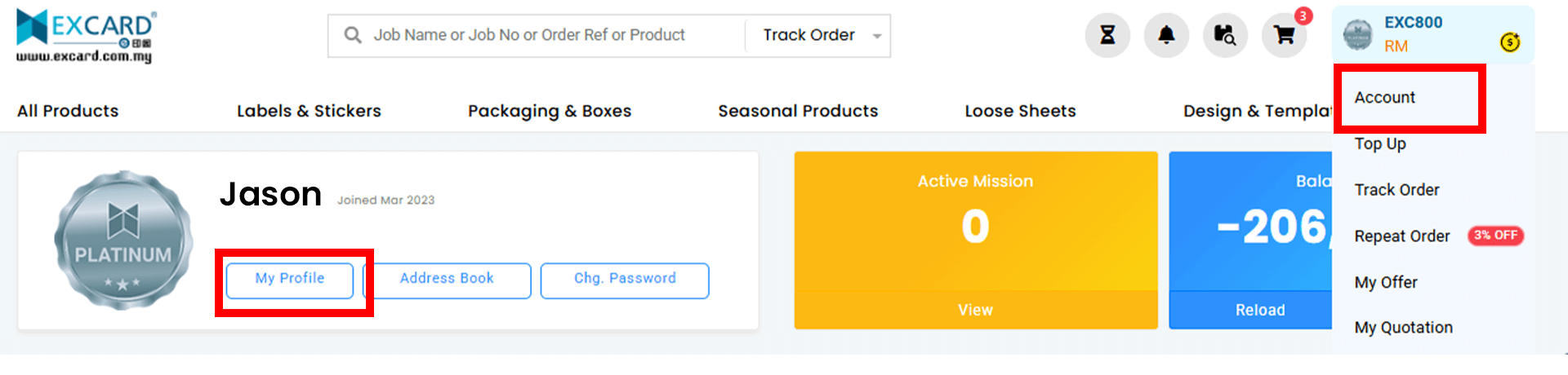 User clicking the 'Account' option from top right dropdown menu.