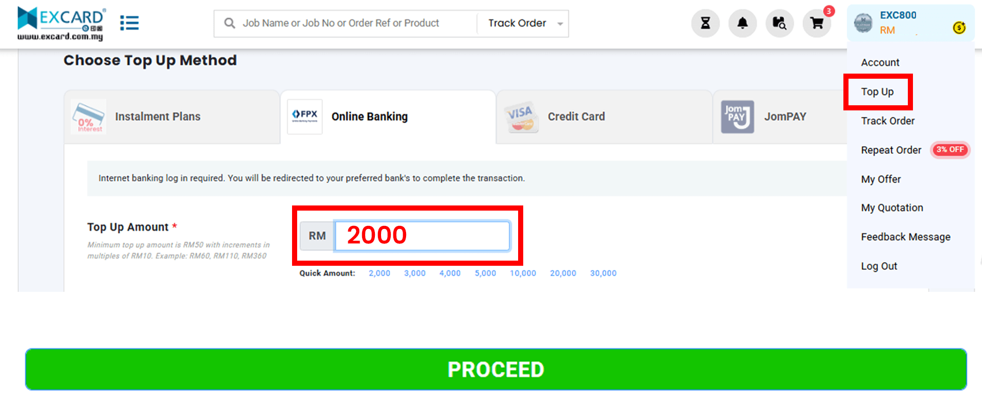 Top up option highlighted in the user account dropdown menu.