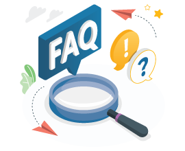 a blue and black color magnifying glass with faq dialog box above.